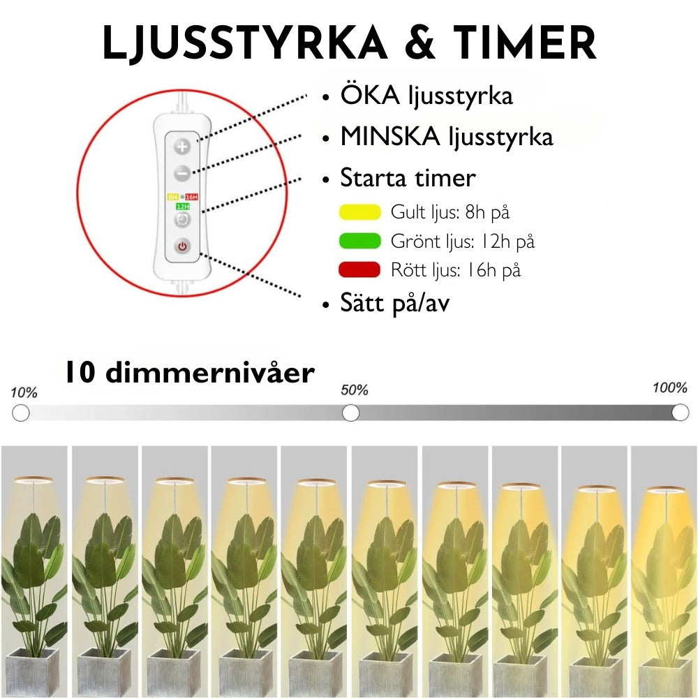 Plante lampe med timer & justerbar højde